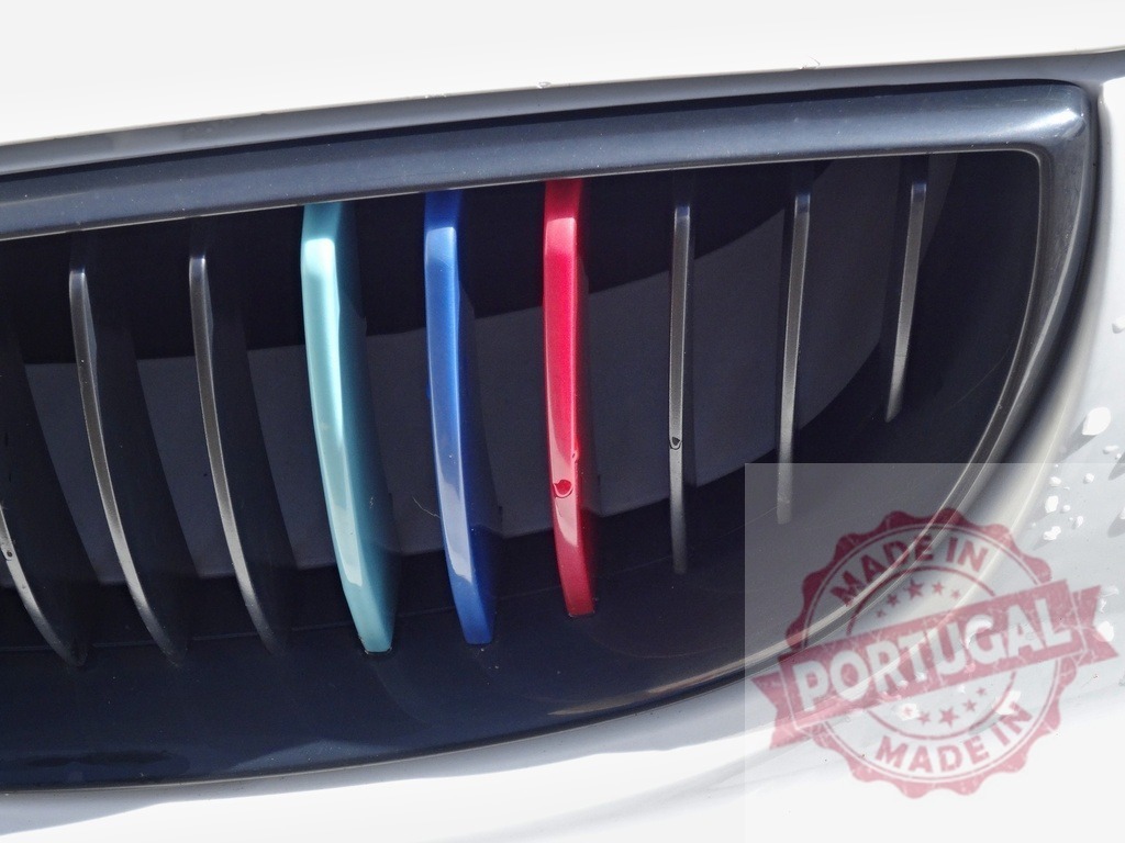 BMW M kidney grille with M-Power colors | BMW kidney grille showing M-Power colors detail on a white car - Realized with Pictrs.com