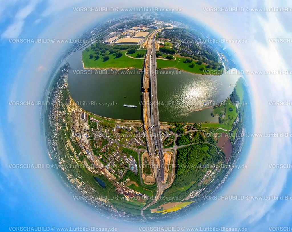 Duisburg240590041RheinbrueckeA40_Rhein | Luftbild, Rheinbrücke Neuenkamp über den Fluss Rhein, Baustelle für Erweiterung der Autobahn A40 inklusive Ersatzneubau, Alt-Homberg, Duisburg, Nordrhein-Westfalen, Deutschland