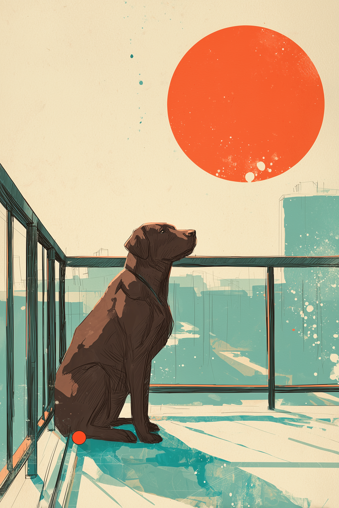 Poster: Urban Labs – Dachterrassen-Ausblick – Labrador über der Stadt | Reduzierte Rooftop-Szene mit Labrador, grafischem Sonnenkreis und ruhiger urbaner Atmosphäre. - Realisiert mit Pictrs.com