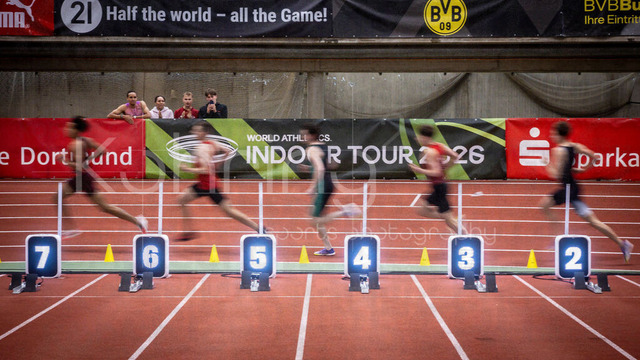 Indoor Meeting Dortmund, 08.02.2026 | DORTMUND, GERMANY - FEBRUARY 8:  Impressions -  runners in front of the World athletics indoor logo during the Indoor Meeting Dortmund at the Helmut-Koernig-Halle on February 8, 2026 in Dortmund, Germany. (Photo by Axel Kohring/Beautiful Sports Int.)