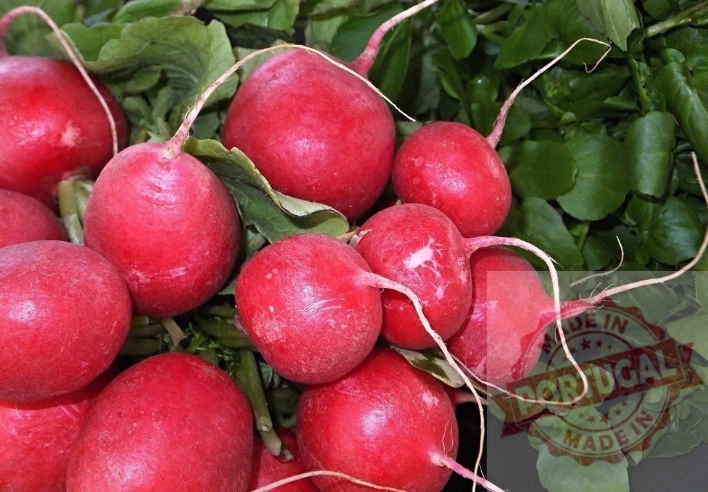 Fresh red radishes with green leaves closeup | Bunch of fresh red radishes with vibrant green leaves displaying their natural texture - Realized with Pictrs.com