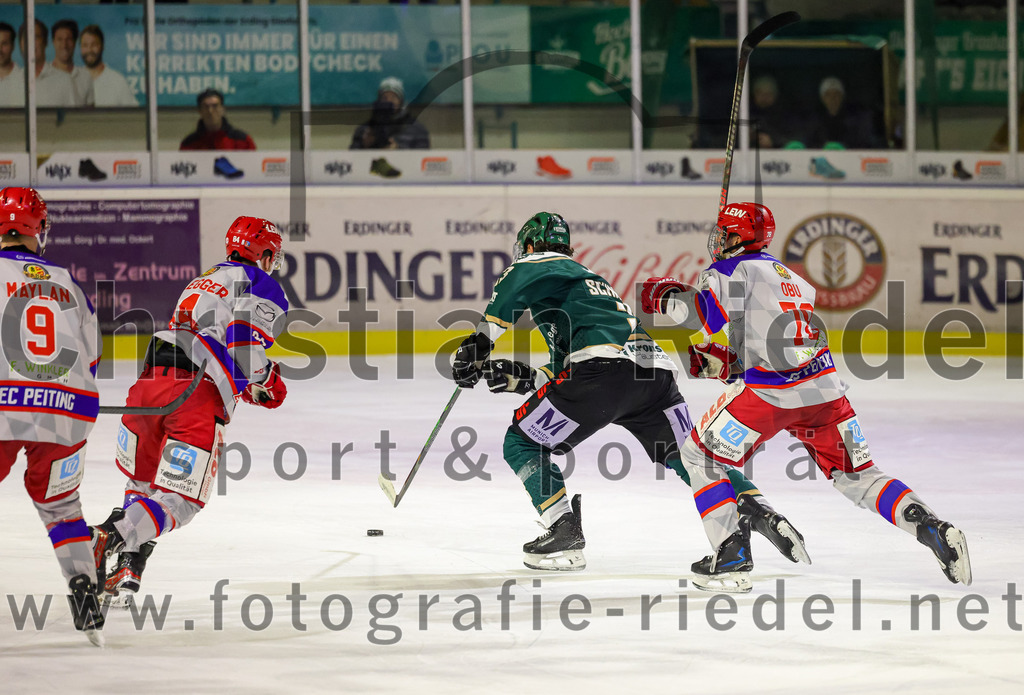 2026-02-15_067_TSV_Erding_gegen_EC_Peiting | Erding, Deutschland, 15.02.2026:Eishockey, Oberliga Süd 2025 / 2026, 47. Spieltag, TSV Erding gegen EC Peiting, Endergebnis: 4:5Justin Maylan (EC Peiting, #9), Tim Mühlegger (EC Peiting, #84), Marc Schmidpeter (Erding Gladiators, #33), Christian Obu (EC Peiting, #78)Foto: Christian Riedel / fotografie-riedel.net