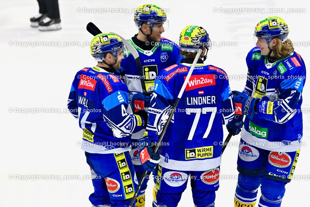 EC IDM WÄRMEPUMPEN VSV vs. EC KAC | Jubel EC VSV Mannschaft, #46 WALL Alex EC VSV, #77 LINDNER Philipp EC VSV, #26 VAN NES Guus EC VSV, #12 Pearson Chase EC VSV, EC IDM WÄRMEPUMPEN VSV vs. EC KAC, EC IDM WÄRMEPUMPEN VSV vs. EC KAC am 02.02.2025 in Villach (Stadthalle Villach), Austria, (Photo by Bernd Stefan)