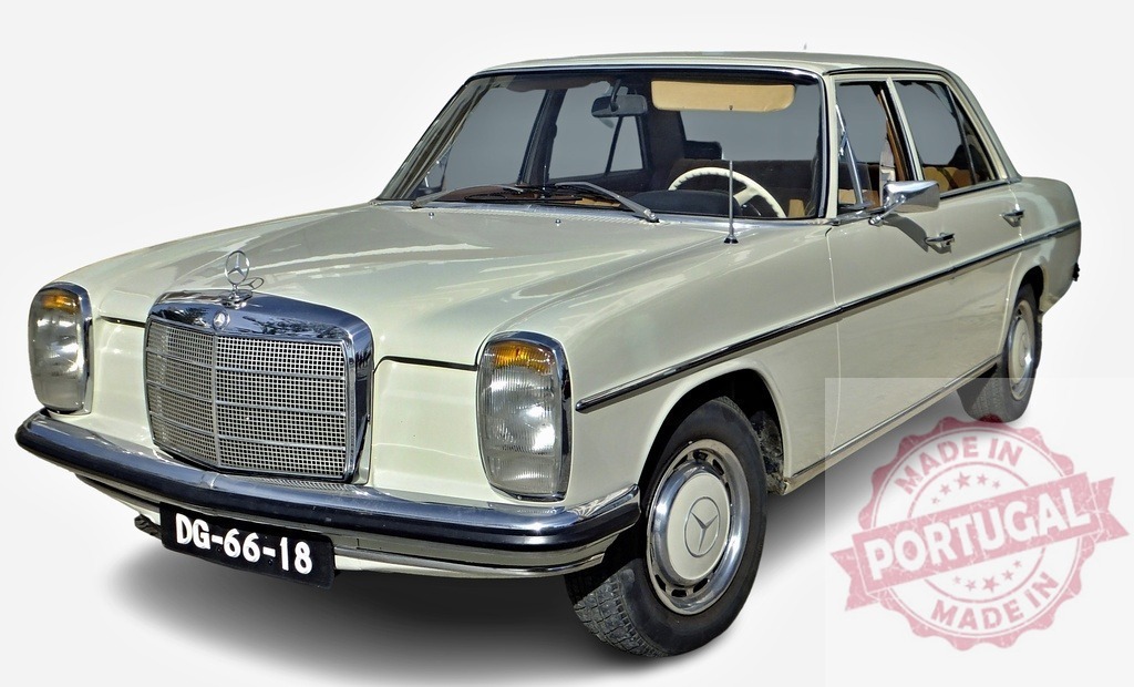 Mercedes-Benz W114 parked, showing front, classic vintage car | Classic Mercedes-Benz W114 parked, showing its front, a vintage car with elegant design - Realized with Pictrs.com