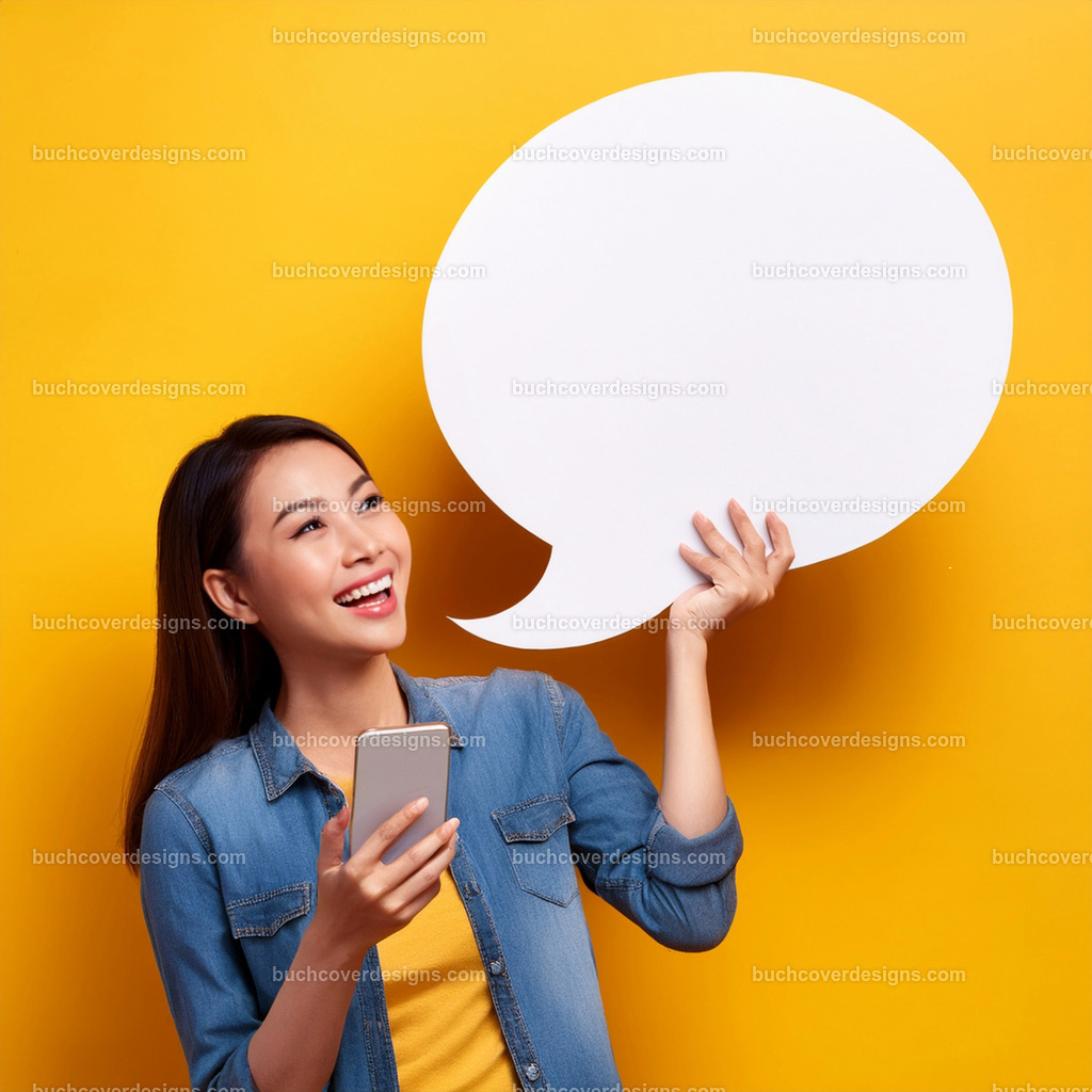 frau mit Mobile Telefon und Sprechblase (16) | Entdecken Sie kreative Buch Cover Designs für Self-Publishing-Autoren und Verlage! Unsere maßgeschneiderten Designs ziehen Leser an und bringen Ihre Geschichten visuell zum Leben. Lassen Sie uns Ihr perfektes Cover gestalten!