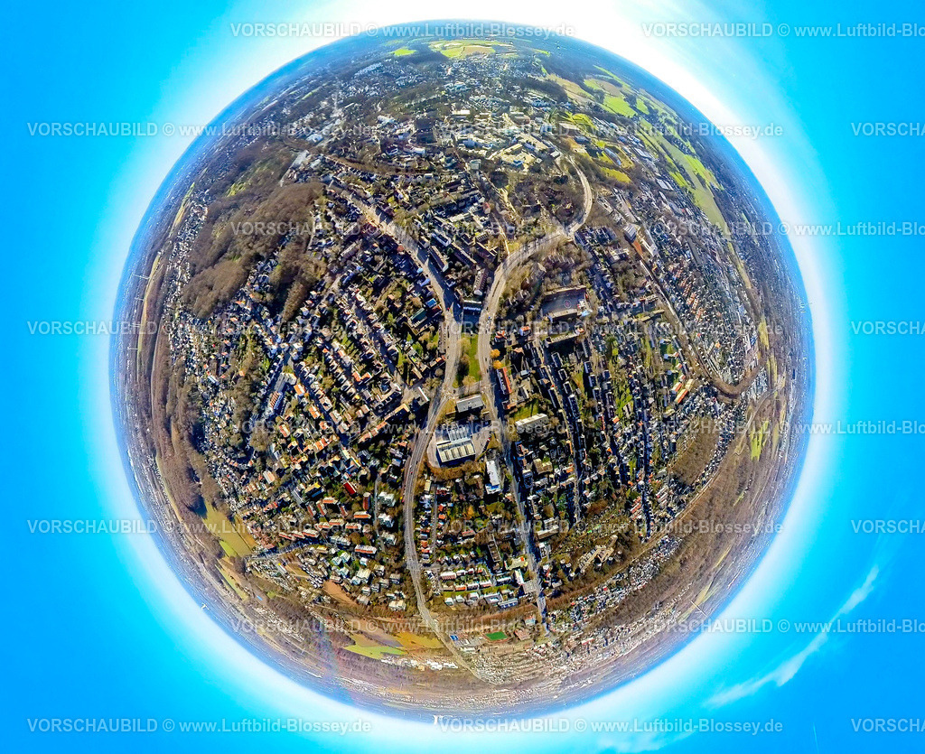 Castrop-Rauxel240190155Bahnhofstrasse_B235 | Luftbild, Wohngebiet Bahnhofstraße und Habinghorster Straße Bundesstraße B235, DSW21 Betriebshof Castrop Rauxel mit Engelsburgplatz, Erdkugel, Fisheye Aufnahme, Fischaugen Aufnahme, 360 Grad Aufnahme, tiny world, little planet, fisheye Bild, Rauxel, Castrop-Rauxel, Ruhrgebiet, Nordrhein-Westfalen, Deutschland