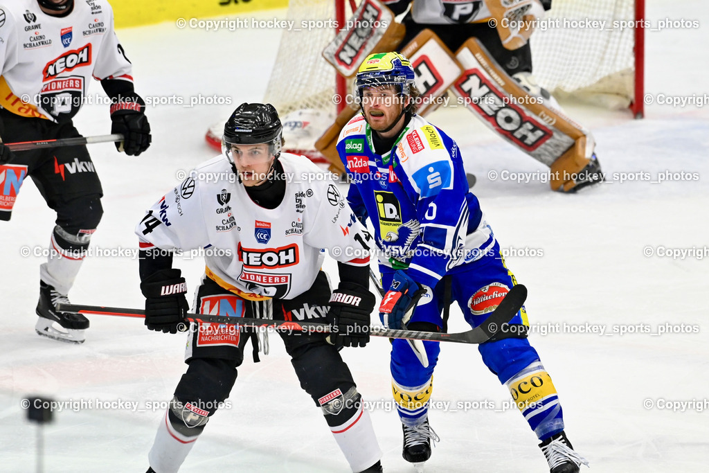EC IDM Wärmepumpen VSV vs. Pioneers Vorarlberg | #14 Eric Florchuk Pioneers Vorarlberg, #16 Kevin Hancock EC VSV, EC IDM Wärmepumpen VSV vs. Pioneers Vorarlberg, EC IDM Wärmepumpen VSV vs. Pioneers Vorarlberg am 22.02.2026 in Villach (Stadthalle Villach), Austria, (Photo by Bernd Stefan)