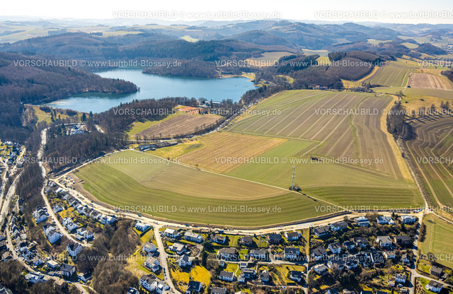 Meschede250304862 | Luftbild, Hennesee Talsperre mit Waldgebiet und Hügellandschaft, Wiesen und Felder mit Wohngebiet, Meschede-Stadt, Meschede, Sauerland, Nordrhein-Westfalen, Deutschland
