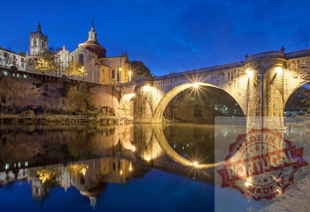 Sao Goncalo bridge and monastery reflecting in Tamega river at night. Portugal - Norte | Amarante Portugal Sao Goncalo bridge reflecting in Tamega river at blue hour - Realized with Pictrs.com