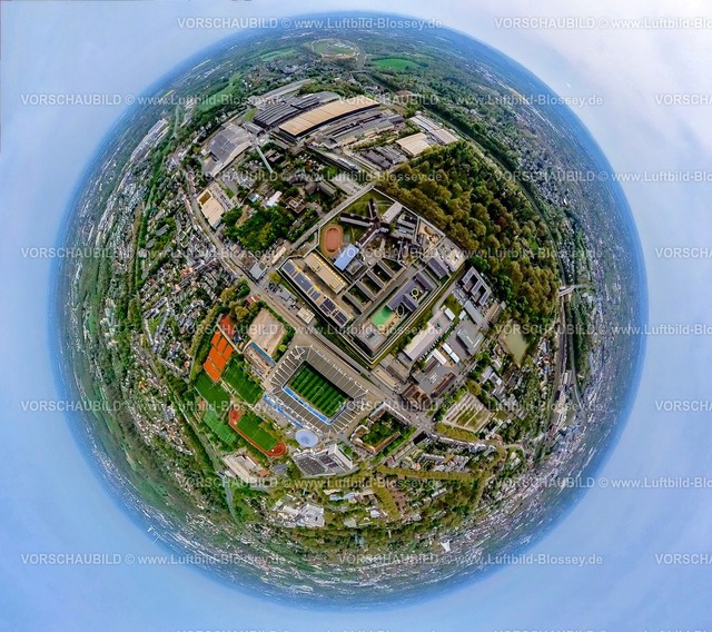 Bochum240490029JVA-Kruemmede | Luftbild, JVA Justizvollzugsanstalt Bochum, Krümmede, städt. Friedhof Blumenstraße, Blumenfriedhof mit grünen Bäumen, Erdkugel, Fisheye Aufnahme, Fischaugen Aufnahme, 360 Grad Aufnahme, tiny world, little planet, fisheye Bild, Grumme, Bochum, Ruhrgebiet, Nordrhein-Westfalen, Deutschland