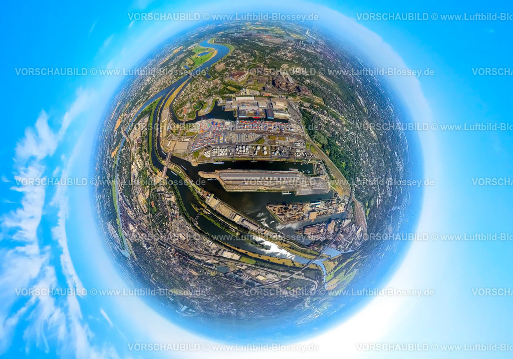 Duisburg230790183_DuisburgerHafen | Luftbild, Duisburger Hafen, duisport, Ölinsel, Kohleninsel, Schrottinsel, Erdkugel, Fisheye Aufnahme, Fischaugen Aufnahme, 360 Grad Aufnahme, tiny world, Ruhrort, Duisburg, Ruhrgebiet, Nordrhein-Westfalen, Deutschland