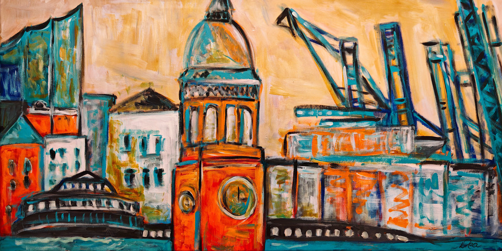 10251203 - Michel und Hafen | Hamburg Gemälde von Dea Theinert als Kunstdruck auf Leinwand und vielen anderen Materialien.