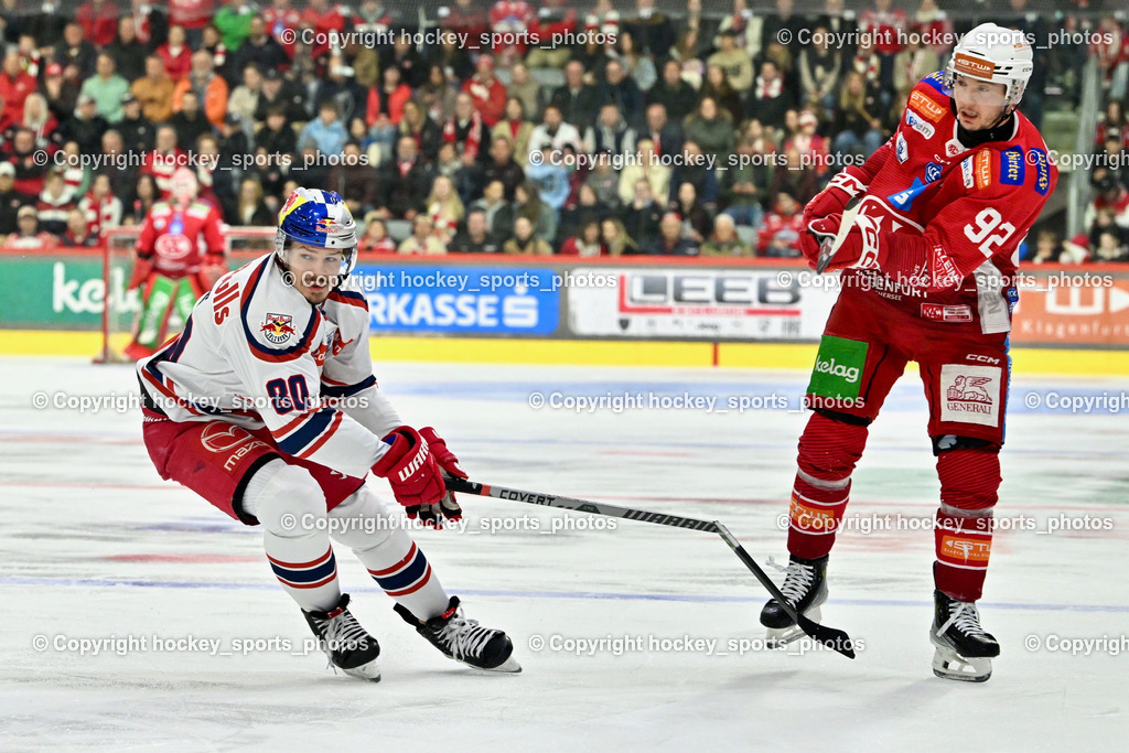EC KAC vs. EC Red Bull Salzburb | #80 Kraus Nikolaus EC RED BULL SALZBURG,  #92 Unterweger Clemens EC KAC, EC KAC vs. EC Red Bull Salzburb, EC KAC vs. EC Red Bull Salzburb am 04.04.2025 in Klagenfurt (Heidi Horten Arena), Austria, (Photo by Bernd Stefan)