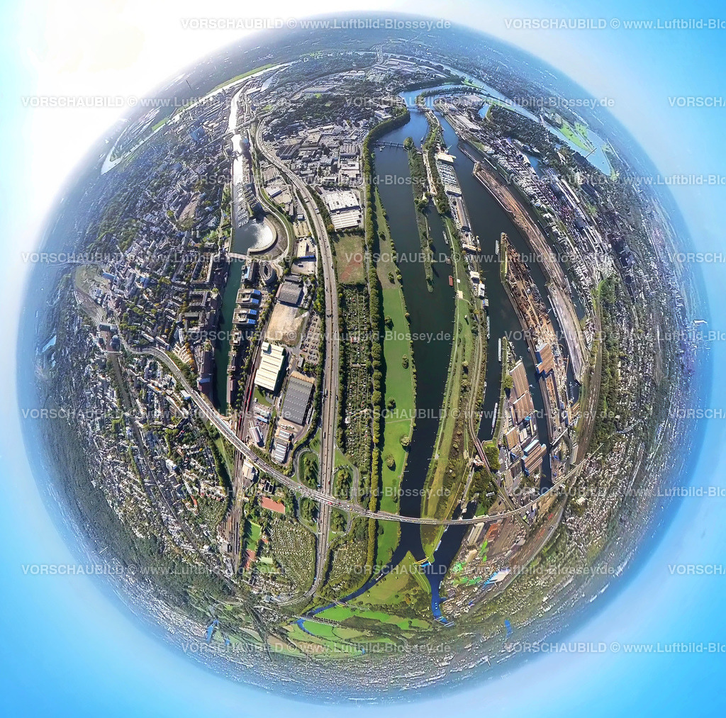 Duisburg221006_09Duisport_Innenhafen | Luftbild, Duisport Innenhafen, Marina Yachthafen und The Curve, Hafengebiet, Fisheye Aufnahme, Fischaugen Aufnahme, 360 Grad Aufnahme, Kaßlerfeld, Duisburg, Ruhrgebiet, Nordrhein-Westfalen, Deutschland