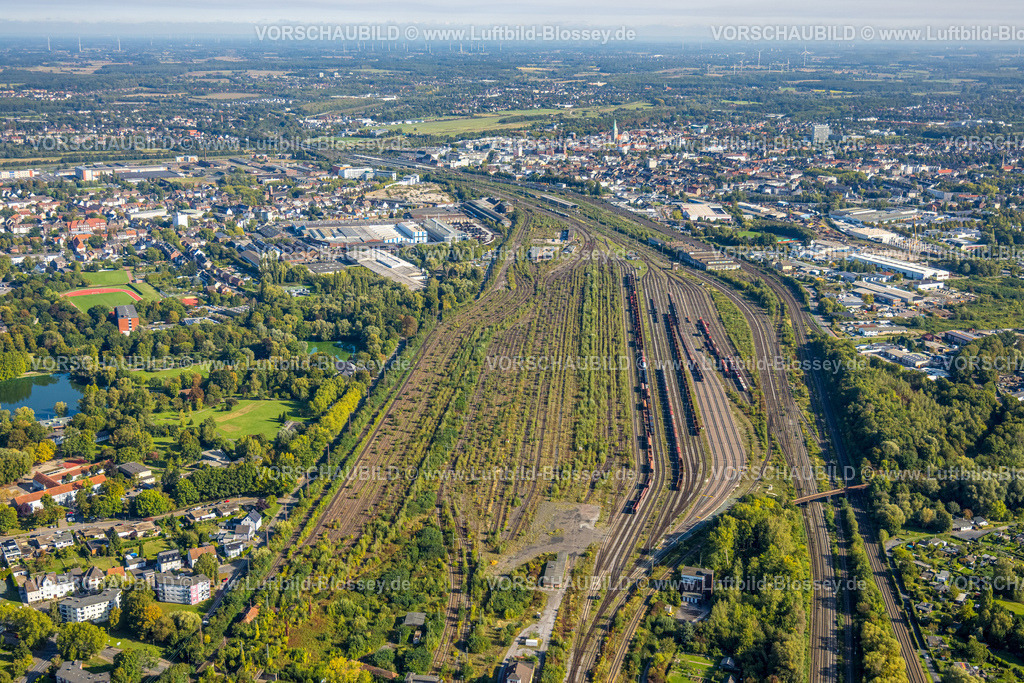 Hamm250900158 | Luftbild, Rangierbahnhof Hamm, Blick zur City und zum Hbf Hauptbahnhof, Stadtbezirk Pelkum, Hamm, Ruhrgebiet, Nordrhein-Westfalen, Deutschland