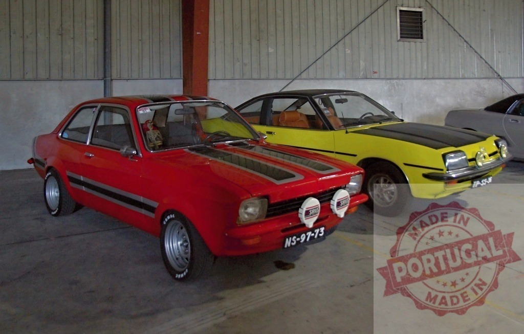 Opel Kadett and Manta classic rally cars parked indoors | Red Opel Kadett and yellow Opel Manta classic cars parked inside a warehouse - Realized with Pictrs.com