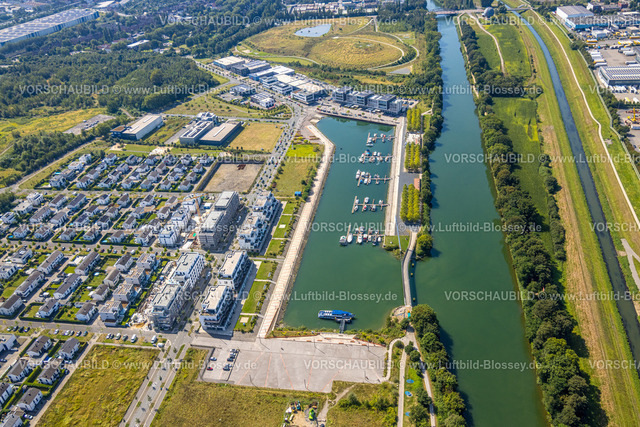 Gelsenkirchen240808647GE-Sued | Luftbild, neues Stadtquartier Graf Bismarck Wohnanlage und Stölting Marina Yachthafen am Rhein-Herne-Kanal, Anlegestelle für Boote, Bismarck, Gelsenkirchen, Ruhrgebiet, Nordrhein-Westfalen, Deutschland