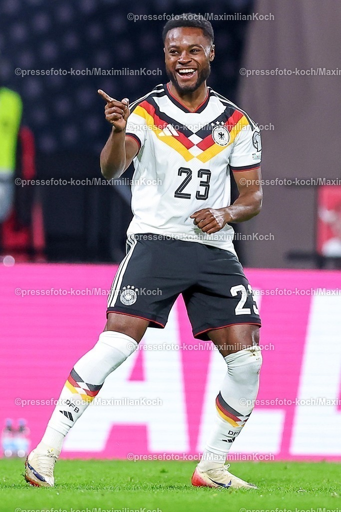 DFB17112501158 | 17.11.2025, Fußball, Länderspiel, WM-Qualifikation Europa, Deutschland - Slowakei, Red Bull Arena (Leipzig), 10. Spieltag, Saison 2025 2026: Torjubel nach dem Tor zum 5:0 durch Torschütze Ridle Baku (GER #23)    Regulations prohibit any use of photographs as image sequences and or quasi-video.
