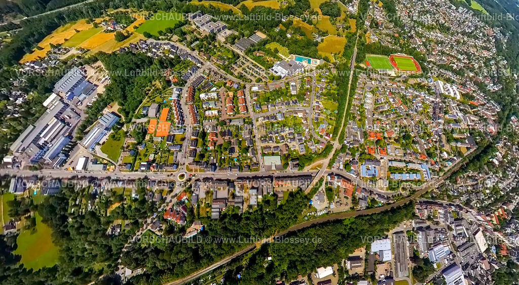 Gevelsberg230790289_Hasslinghauser Strasse | Luftbild, Haßlinghauser Straße, Gevelsberg-West und Sportanlage Stadion Stefansbachtal, Erdkugel, Fisheye Aufnahme, Fischaugen Aufnahme, 360 Grad Aufnahme, tiny world, Klostermark, Gevelsberg, Ruhrgebiet, Nordrhein-Westfalen, Deutschland