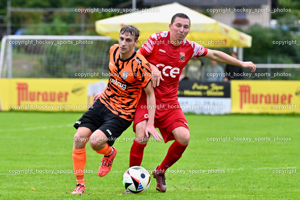 SV Viktoria Viktring vs. FC Mondi Frantschach | #17 Philipp Christian Stocker FC Frantschach, #21 Vadym Ukrainets SV Viktoria Viktring, SV Viktoria Viktring vs. FC Mondi Frantschach, SV Viktoria Viktring vs. FC Mondi Frantschach am 02.08.2025 in Klagenfurt (Sportplatz Viktrink), Austria, (Photo by Bernd Stefan)
