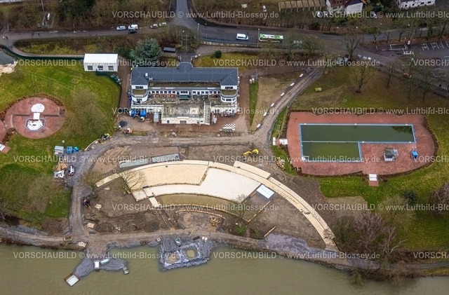 Hagen231201610Hengsteysee-topaz | Luftbild, Ruhrhochwasser, Weihnachtshochwasser 2023, Fluss Ruhr tritt nach starken Regenfällen über die Ufer, Überschwemmungsgebiet am Strandhaus mit Freibad Südufer Hengstey mit Baustelle, Boele, Hagen, Ruhrgebiet, Nordrhein-Westfalen, Deutschland