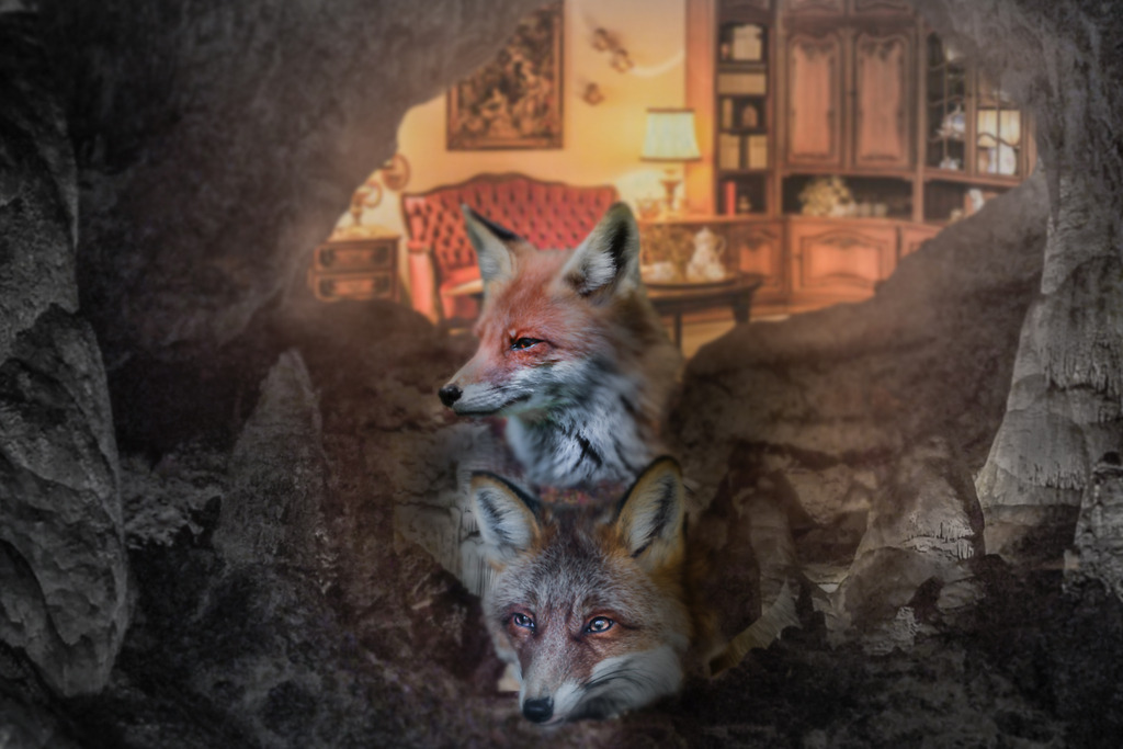 Trautes Heim | Frieda und Freddy Fuchs lernten sich in jungen Jahren kennen. Es war Liebe auf den ersten Blick und sonnenklar, dass sie zusammenbleiben würden. Sie kamen weit herum, bis sie eines Tages in einem dichten Wald fündig wurden. Unter einem dicken Baumstamm entdeckten sie eine verlas-sene Höhle, die sie gemeinsam ausbauten.Erst mal wurde der Bau erweitert, es sollten auch ihre Kinder dereinst genug Platz haben. Freddy war handwerklich sehr geschickt, so zimmerte er alle Möbel für die neue Wohnung selber. Frieda bezog das Sofa, nähte Lampenschirm, Vorhänge und Bettwäsche. Die Matratzen wurden mit tro-ckenem Laub gefüllt, Decken und Kissen mit Federn. Schließlich kündigte sich Nachwuchs an und Mama Fuchs schenkte zwei süßen Welpen das Leben. Jetzt war ihr Glück vollkommen. - Realisiert mit Pictrs.com