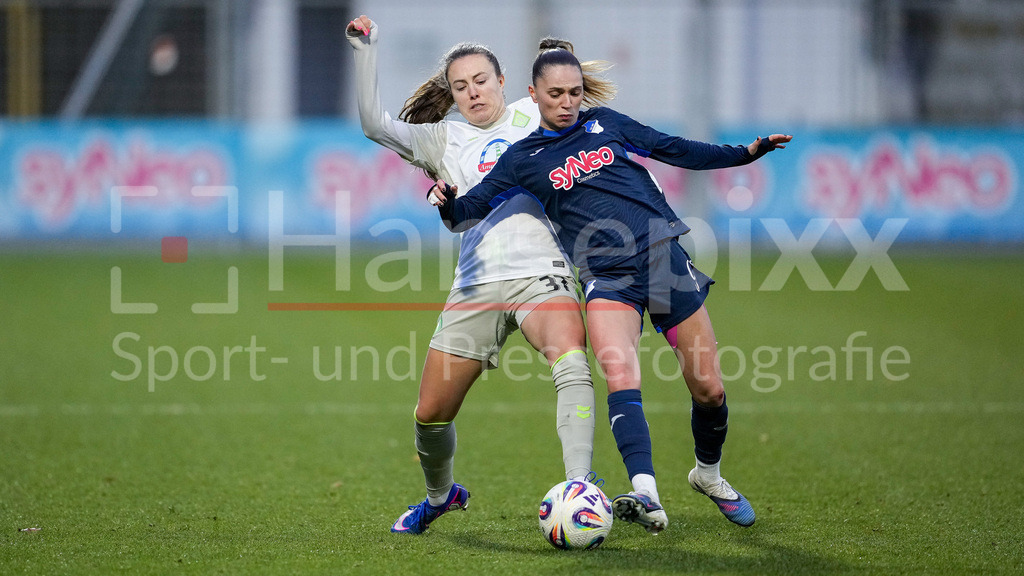 Fussball, Google Pixel Frauen-Bundesliga, TSG 1899 Hoffenheim - SV Werder Bremen | v.li.: Mara Alber (Werder, 37), Jill Janssens (TSG, 9), Zweikampf, Spielszene, Duell, duel, tackle, tackling, Dynamik, Action, Aktion, 01.02.2026, Sinsheim (Hoffenheim)  (Deutschland), Fussball, Google Pixel Frauen-Bundesliga, TSG 1899 Hoffenheim - SV Werder Bremen, DFB/DFL REGULATIONS PROHIBIT ANY USE OF PHOTOGRAPHS AS IMAGE SEQUENCES AND/OR QUASI-VIDEO., DIE DFB-RICHTLINIEN UNTERSAGEN JEGLICHE NUTZUNG VON FOTOS ALS SEQUENZBILDER UND/ODER VIDEOÄHNLICHE FOTOSTRECKEN. DFB REGULATIONS PROHIBIT ANY USE OF PHOTOGRAPHS AS IMAGE SEQUENCES AND/OR QUASI-VIDEO.