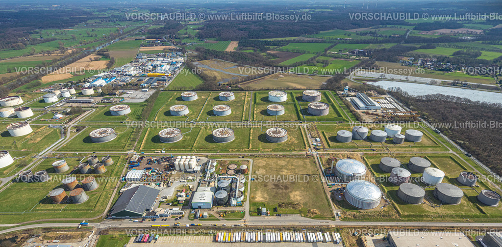 Huenxe240309870 | Luftbild, Industriepark und Gewerbepark-West Tanklager TanQuid GmbH & Co.KG, Bucholtwelmen, Hünxe, Nordrhein-Westfalen, Deutschland