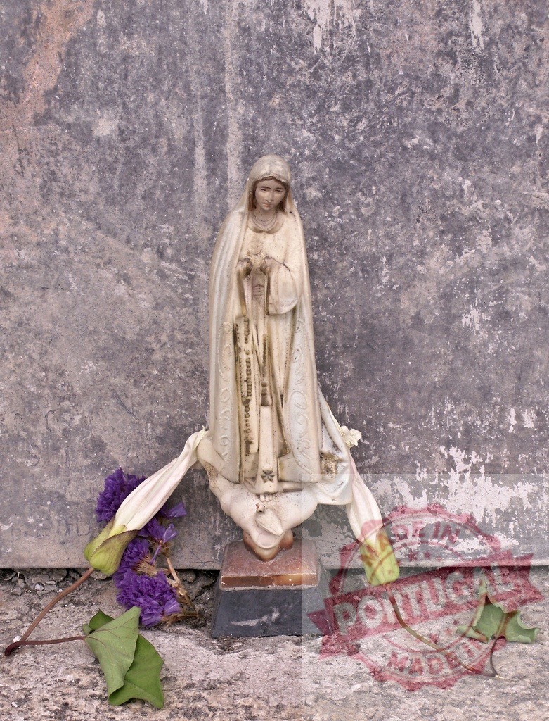 Virgin Mary statue with faded flowers representing faith and devotion | Virgin Mary statue standing outdoors with wilted flowers, symbolizing faith and remembrance - Realized with Pictrs.com