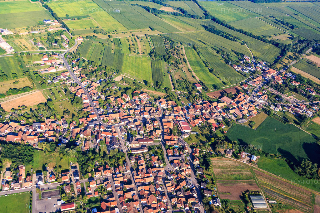 Aerial view: View of the town from the east in Obenheim in the state Bas-Rhin, France. – Photo: IMG_093229.jpg taken on 08/16/2016 by Werner Riehm/FLY-FOTO.com – Resolution of the original: 4972 x 3315 px