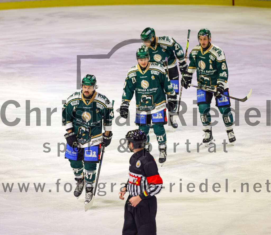 2026-02-20_066_TSV_Erding_gegen_Deggendorfer_SC | Erding, Deutschland, 20.02.2026:Eishockey, Oberliga Süd 2025 / 2026, 49. Spieltag, TSV Erding gegen Deggendorfer SC, Endergebnis: 4:1Jubel nach dem Tor durch Marco Pfleger (Erding Gladiators, #47), Erik Modlmayr (Erding Gladiators, #21), Mark Waldhausen (Erding Gladiators, #27), Maximilian Forster (Erding Gladiators, #81)Foto: Christian Riedel / fotografie-riedel.net