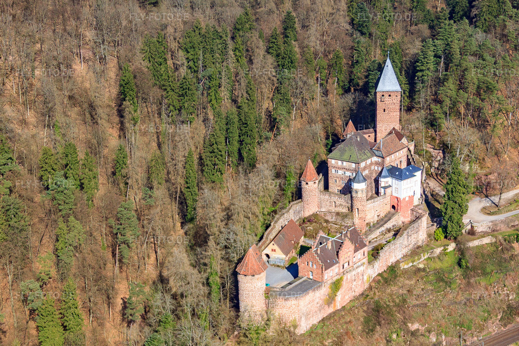Luftbild: Schloss Zwingenberg über dem Neckar von Westen in Zwingenberg im Bundesland Baden-Württemberg in Deutschland. Foto: IMG_38110.jpg vom 12.03.2011 durch Werner Riehm/FLY-FOTO.deWWW.SCHLOSS-ZWINGENBERG.DE