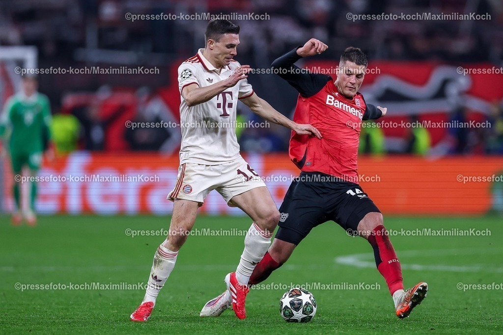 UCL11032502516 | 11.03.2025, Fußball, UEFA Champions League, Bayer 04 Leverkusen - FC Bayern München, Achtelfinale Rückspiel, BayArena, Saison 2024 2025: Joao Palhinha (FC Bayern #16) im Zweikampf gegen Jonathan Tah (Bayer04 Leverkusen #4)DFB regulations prohibit any use of photographs as image sequences and or quasi-video.