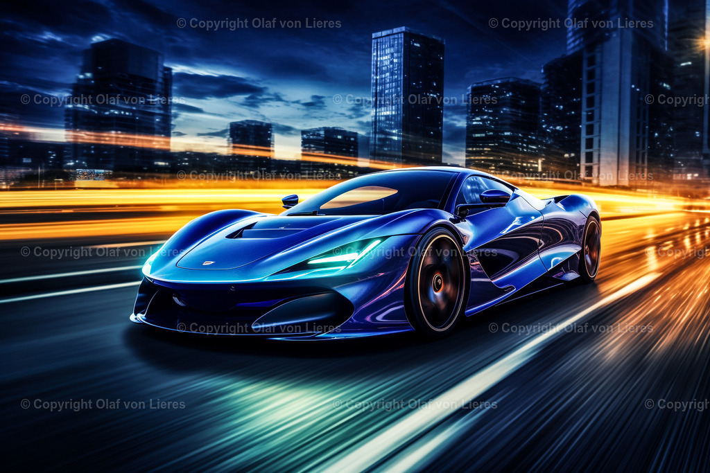 Nachtaufnahme Sportwagen Wandbild | Supercar nachts in der Stadt