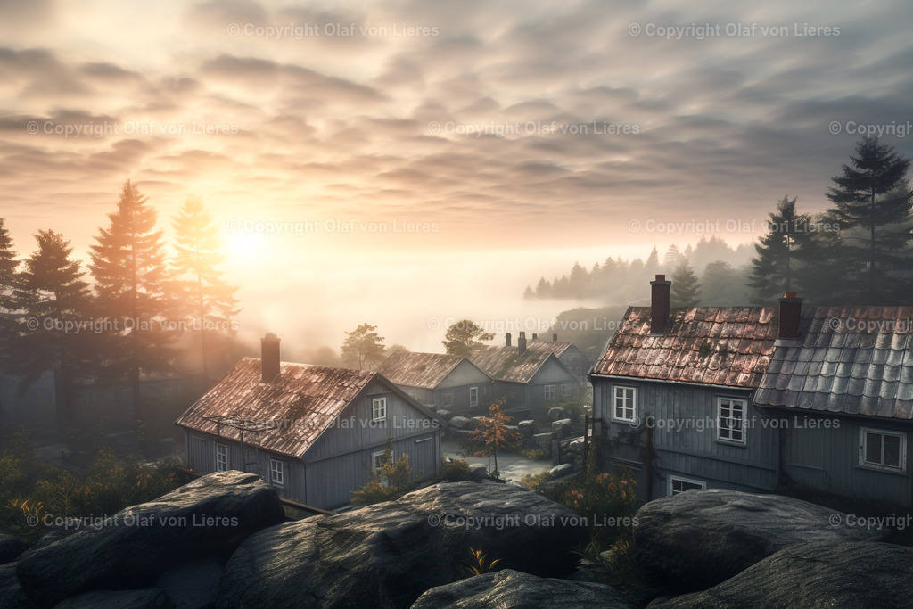 Morgennebel über einer Stadt | Sonnenaufgang mit Hausdächern