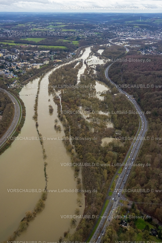 Essen231202678Ruhr | Luftbild, Ruhrhochwasser, Weihnachtshochwasser 2023, Fluss Ruhr tritt nach starken Regenfällen über die Ufer, Überschwemmungsgebiet Naturschutzgebiet Heisinger Ruhraue und Waldgebiet an der Autobahn A44, Bäume im Wasser, Heisingen, Essen, Ruhrgebiet, Nordrhein-Westfalen, Deutschland