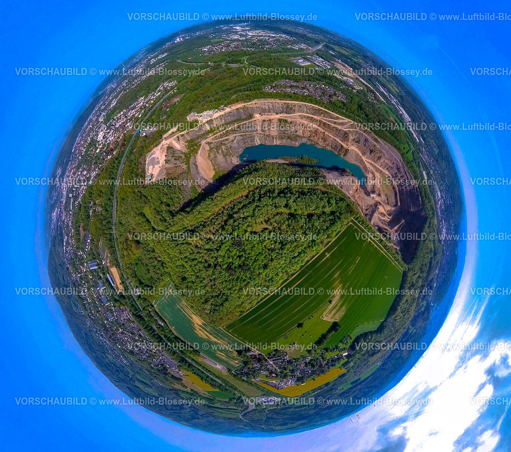 Hagen240590247SteinbruchDonnerkuhle | Luftbild, Steinbruch Donnerkuhle Hagen Halden mit Waldgebiet Naturschutzgebiet Ochsenkamp, Blick auf Ortsteil Herbeck, Erdkugel, Fisheye Aufnahme, Fischaugen Aufnahme, 360 Grad Aufnahme, tiny world, little planet, fisheye Bild, Lennetal, Hagen, Ruhrgebiet, Nordrhein-Westfalen, Deutschland