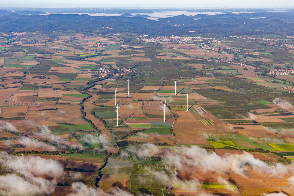 Luftbild: Windpark bei Freckenfeld mit Wölkchen in Freckenfeld im Bundesland Rheinland-Pfalz in Deutschland. Foto: IMG_143457.jpg vom 29.09.2024 durch Werner Riehm/FLY-FOTO.de