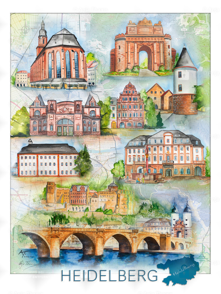 Stadtposter Heidelberg | Dieses farbenfrohe Aquarell gemalt auf der Landkarte von Heidelberg zeigt die schönsten Sehenswürdigkeiten dieser Stadt: Heiliggeistkirche, Heidelberger Schloss, die Alte Brücke und der Neckar, Hotel „Zum Ritter“, Altstadt, Stadthalle, Universität - Realisiert mit Pictrs.com
