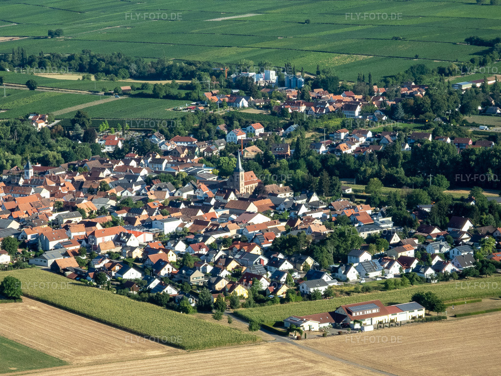Luftbild: Ortsansicht im Ortsteil Mühlhofen in Billigheim-Ingenheim im Bundesland Rheinland-Pfalz in Deutschland. Foto: P8080033.jpg vom 08.08.2022 durch Werner Riehm/FLY-FOTO.de