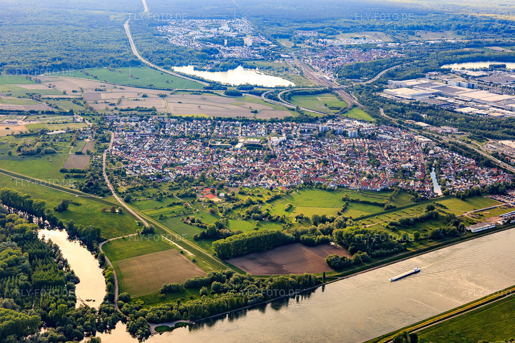 Luftbild: Ortsansicht am Rheinufer von Südosten im Ortsteil Maximiliansau in Wörth im Bundesland Rheinland-Pfalz in Deutschland. Foto: IMG_126902.jpg vom 28.05.2021 durch Werner Riehm/FLY-FOTO.de