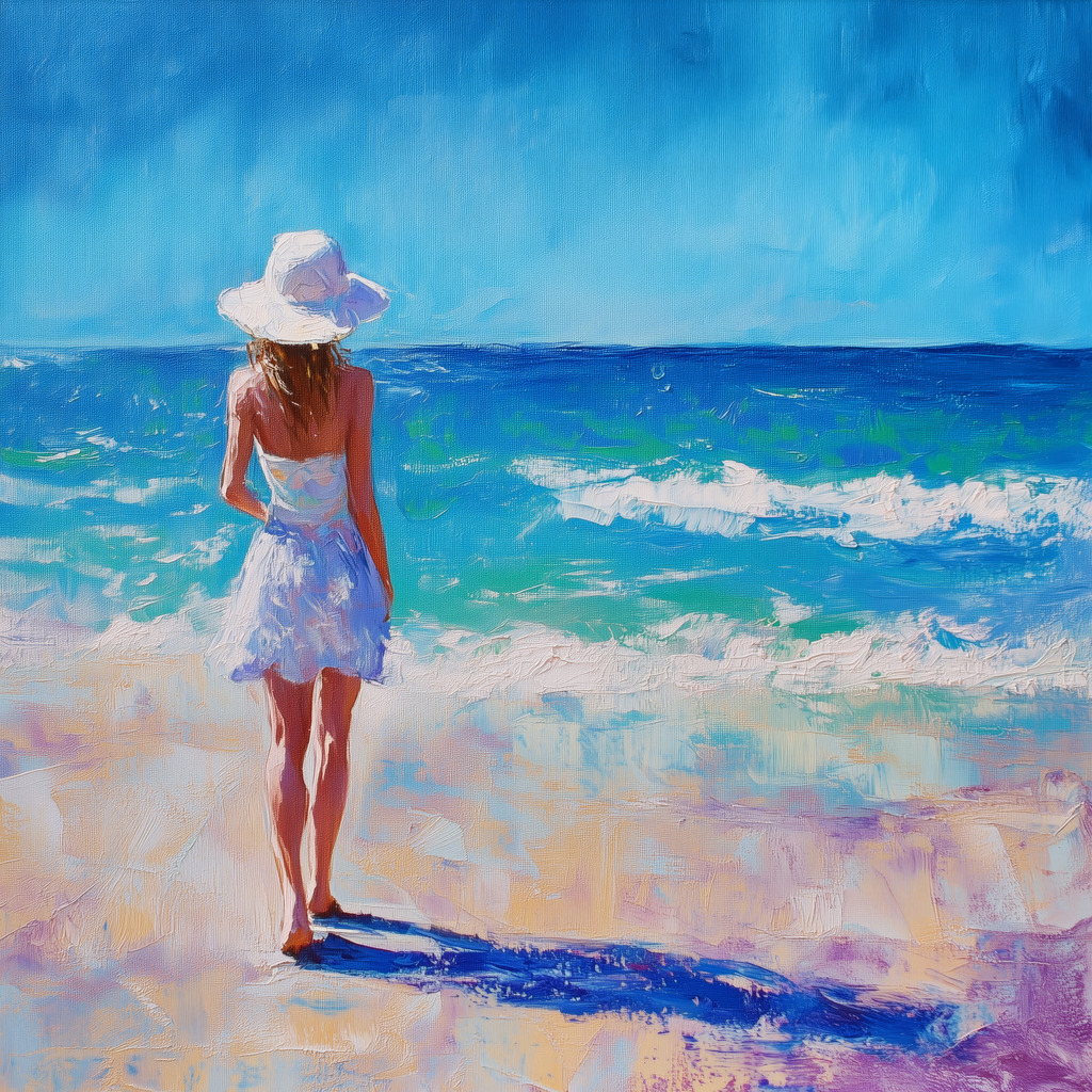 2412037 - Frau am Strand | Eine Frau in modischer Badekleidung an einem Strand im Stil eines Gemäldes.