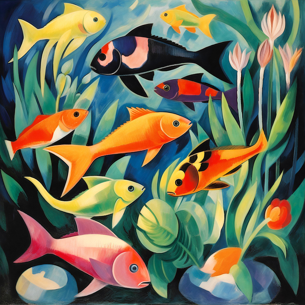 2307066 - Aquarium | Ein expressionistisches Wandbild von bunten Fischen, das an den Stil von August Macke erinnert.