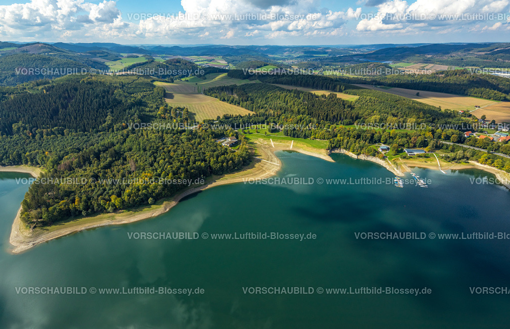 Meschede220901608 | Luftbild, Hennesee, Niedrigwasser, Berghausen, Meschede, Sauerland, Nordrhein-Westfalen, Deutschland