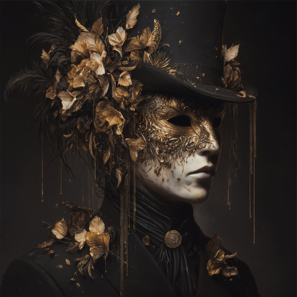 2601020 - Antagonist | Ein Spiel aus Schatten und Gold: Dieses Bild besticht durch die tiefe Eleganz einer dunklen Gestalt, die hinter einer kunstvoll verzierten Maske verborgen bleibt.