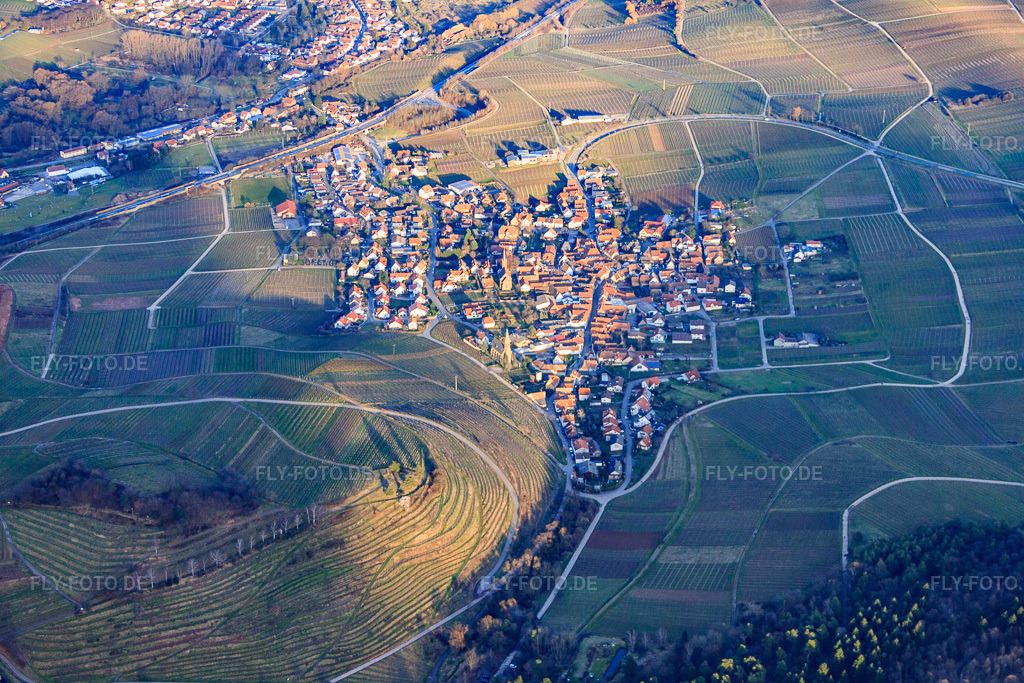 Luftbild: Dorf über der Weinlage Kastanienbusch im Winter von Westen in Birkweiler im Bundesland Rheinland-Pfalz in Deutschland. Foto: IMG_62160.jpg vom 23.02.2014 durch Werner Riehm/FLY-FOTO.de