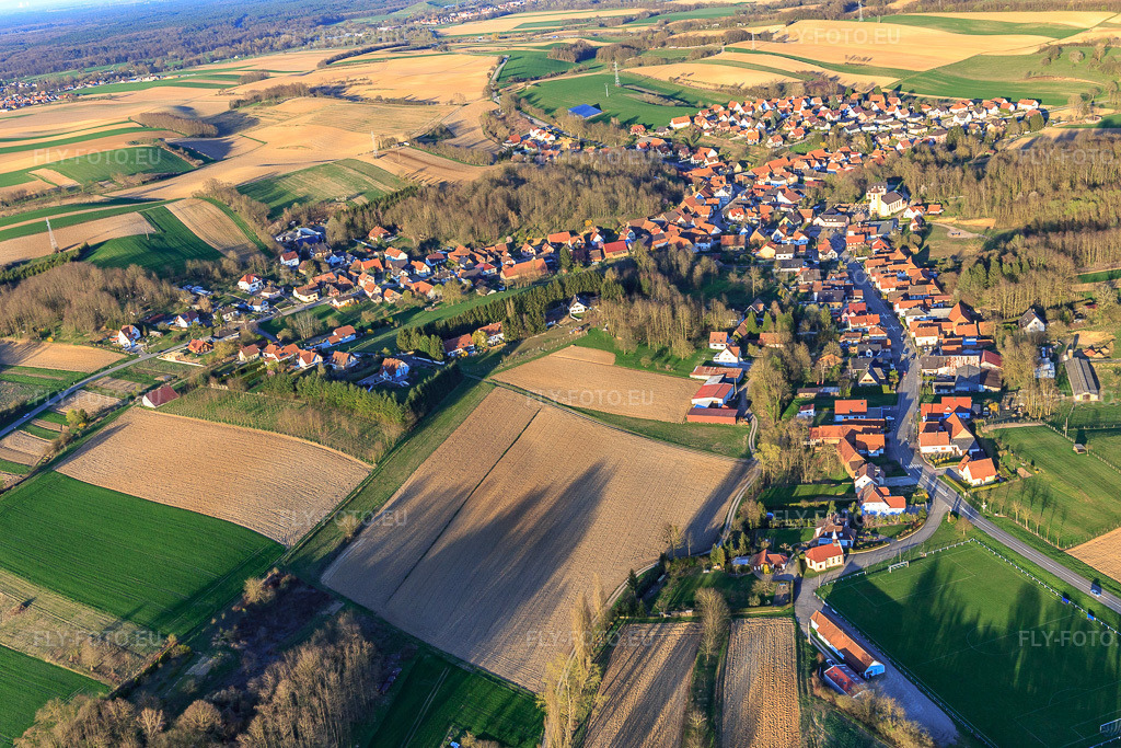 Vue aérienne: Vue de la ville depuis l'ouest à Neewiller-près-Lauterbourg dans le département Bas Rhin, France – .Photo: IMG_097858.jpg prise le 27/03/2017 par Werner Riehm/FLY-FOTO.eu – Résolution de l'original: 5055 x 3370 px