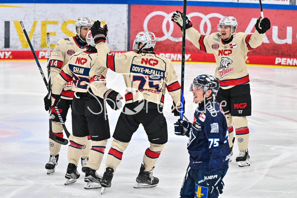 ERC Ingolstadt - Nuernberg Ice Tigers | Jubel der Gaeste nach dem Treffer zum 0-1 durch Hayden SHAW (Nuernberg Ice Tigers 82) / Tor / Torschuetze / Freude / Happy / DEL: ERC Ingolstadt - Nuernberg Ice Tigers, Saturn-Arena am 26.03.2025