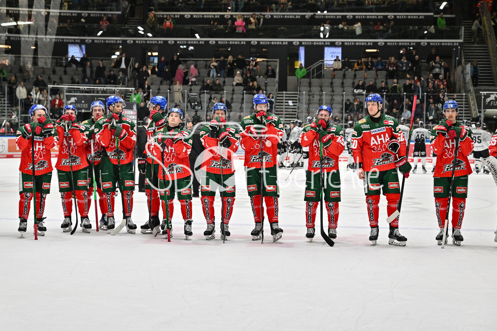 Augsburger Panther - Kölner Haie | Niedergeschlagene Augsburger mit haengenden Koepfen nach der Niederlage gegen Koeln / Drohender Abstieg / Absteiger / DEL: Augsburger Panther - Koelner Haie, Curt Frenzel Stadion am 02.03.2025
