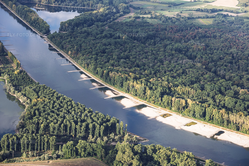 Luftbild: Sandbänke und Buhnen bei Niedrigwasser am Rhein zwischen Hördter Rheinaue und Dettenheim in Hördt im Bundesland Rheinland-Pfalz in Deutschland. – Foto: IMG_158420.jpg vom 06.08.2026 durch Werner Riehm/FLY-FOTO.de – Auflösung des Originals: 6000 x 4000 px